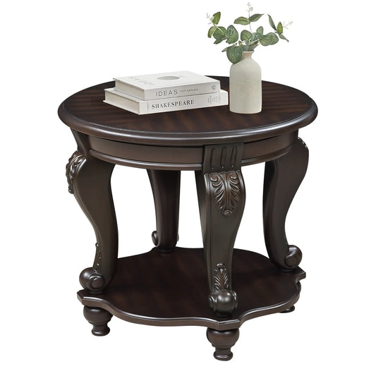22'' Two Tone Round End Table,Solid Wood Sofa Side Table with Shelf,Living Room Corner Table Easy Assemble, Espresso – view 1