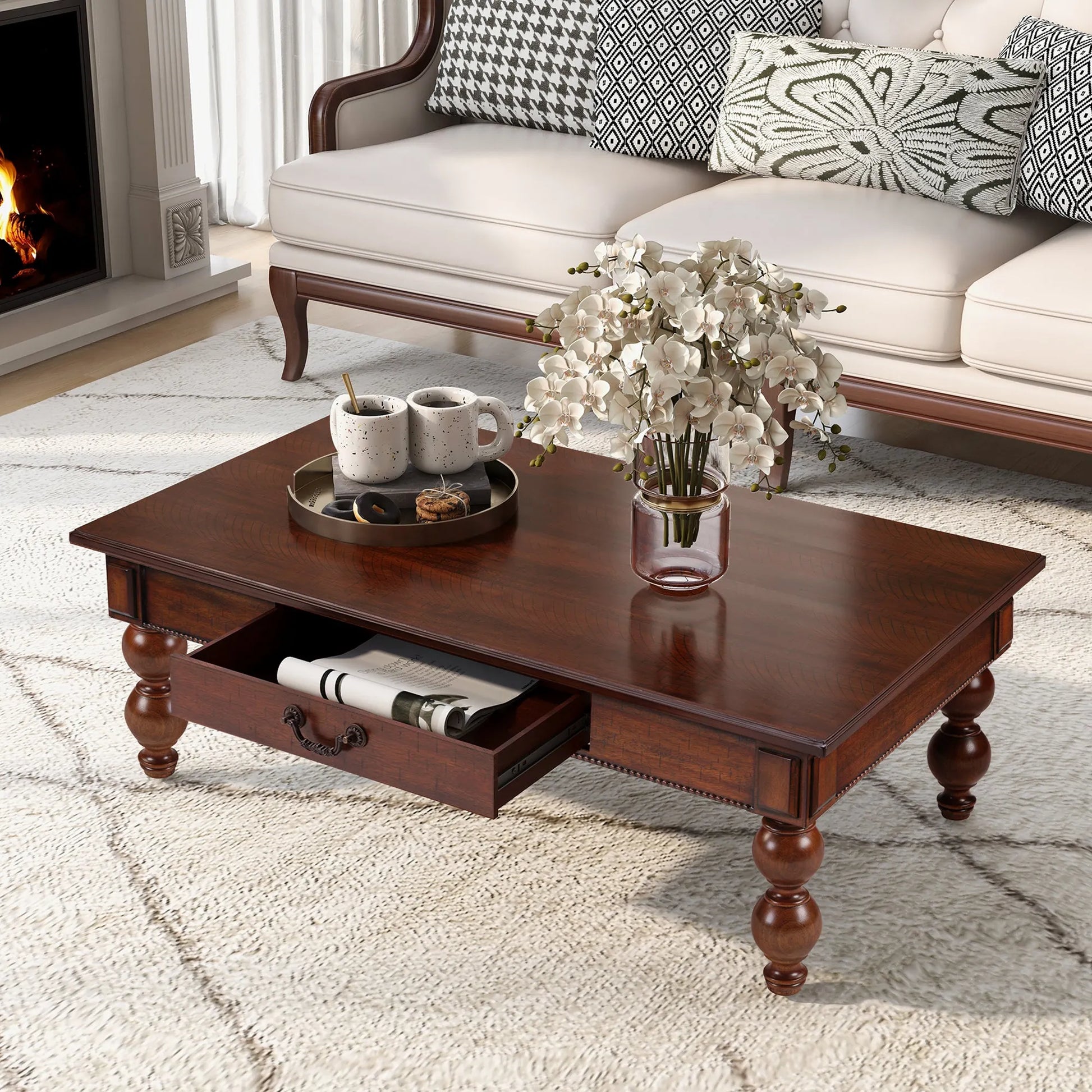 Rectangular Wooden Coffee Table with Storage Drawer, Vintage Cocktail Table with Solid Wood Gourd-Shaped Legs for Living Room,No-Tools Assembly – view 1