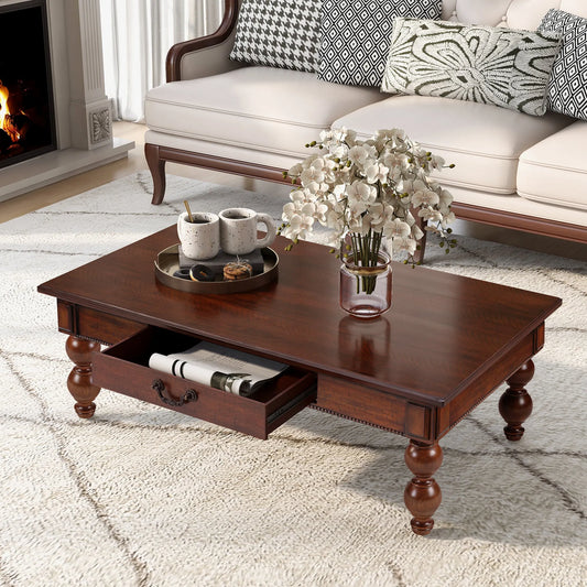 Rectangular Wooden Coffee Table with Storage Drawer, Vintage Cocktail Table with Solid Wood Gourd-Shaped Legs for Living Room,No-Tools Assembly – view 1
