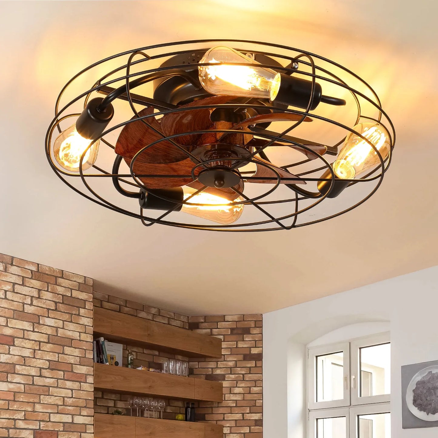 Caged Ceiling Fan With Light, 20'' farmhouse Low Profile Ceiling fan Lights With Remote Control, Modern Enclosed 4x E26 Bulb Ceiling Fans With – view 1