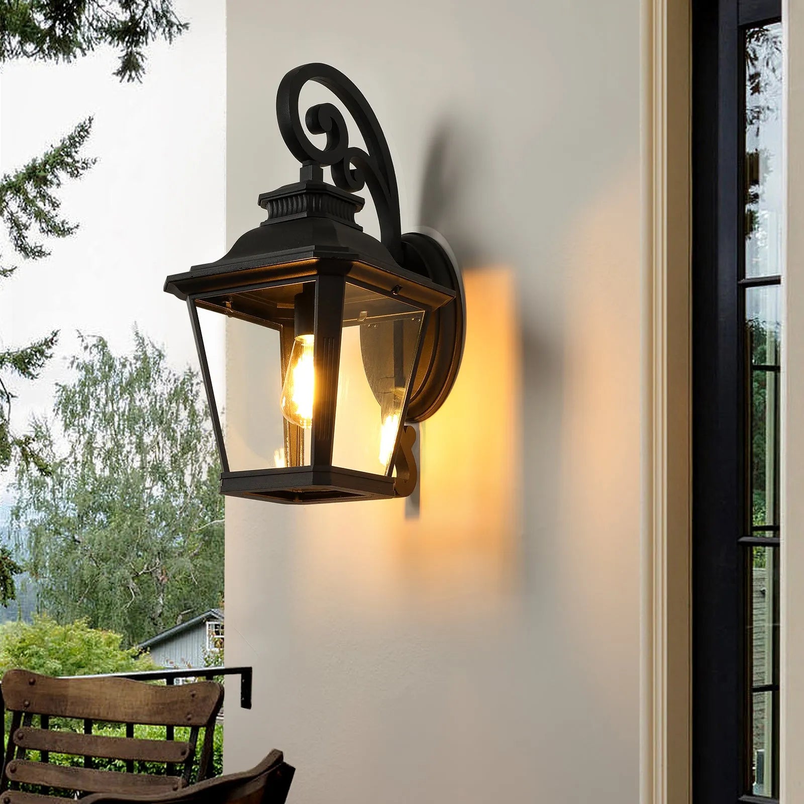 21'(H) 1-Pack Outdoor Wall Lantern Light – Vintage Black Metal & Clear Glass Sconce with Decorative Scroll Design for Porch, Patio, and Garden – view 1