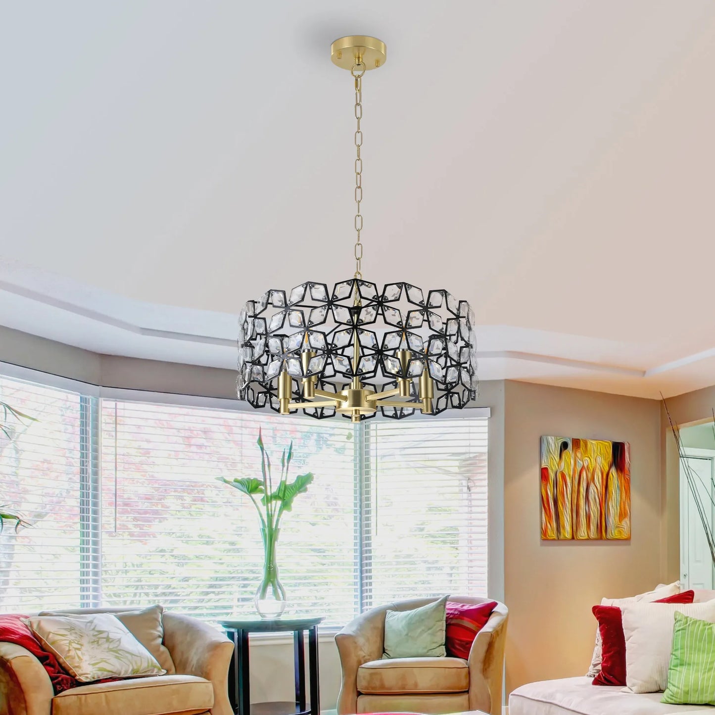 19' Geometric Crystal and BlackGold Round Pendant Chandelier – Modern 5-Light Fixture for Dining Room, Living Room, or Kitchen (Bulb Not Included) – view 1
