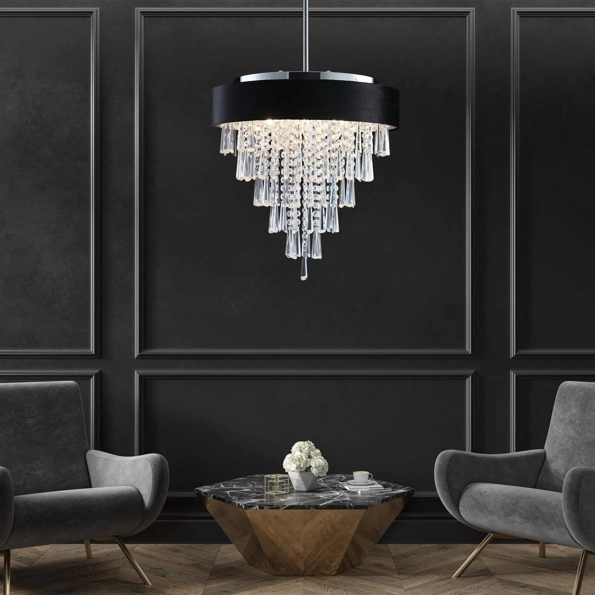 18-inch Modern Crystal Chandelier with Black Imitation Velvet Anti-Glare Shade, Adjustable Height, 8-Light G9 Base for Dining Room, Living Room, or – view 1