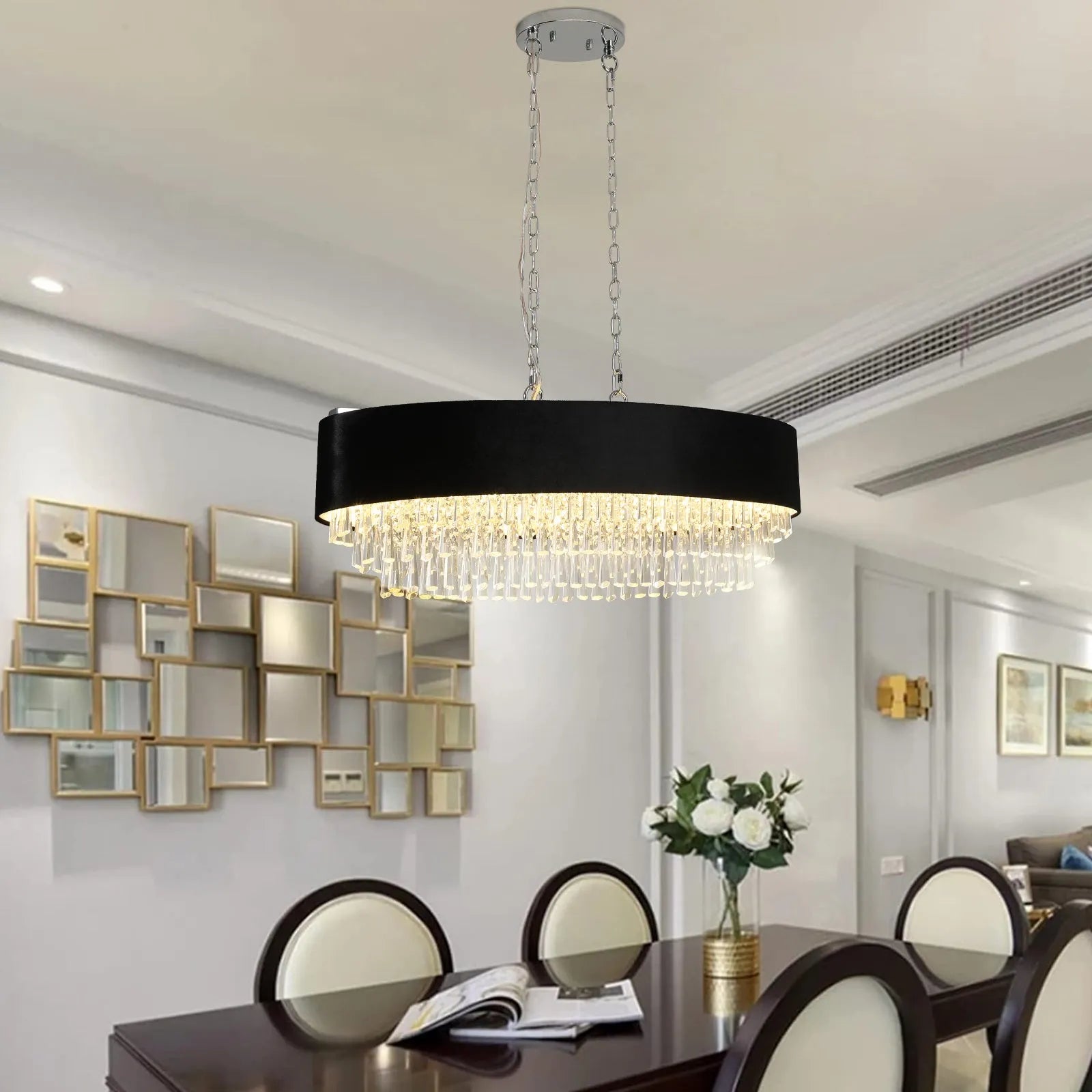 39' Modern Crystal Chandelier with Black Imitation Velvet Anti-Glare Shade, Adjustable Height, 8-Light G9 Base for Dining Room, Living Room, or – view 1
