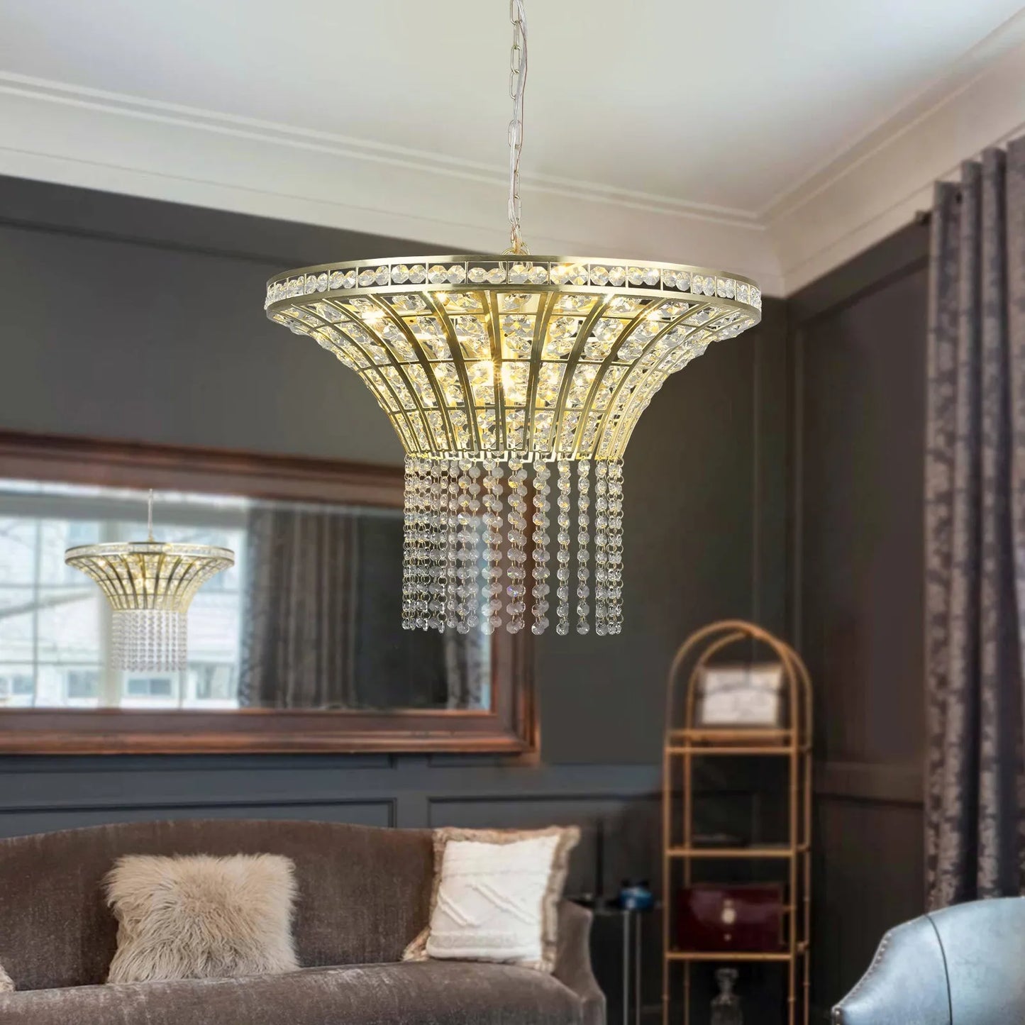 24' Modern Crystal Round Chandelier with Gold Finish, Elegant Pendant Light with Cascading Beads, for Dining Room, Living Room, or Foyer (No Bulbs) – view 1