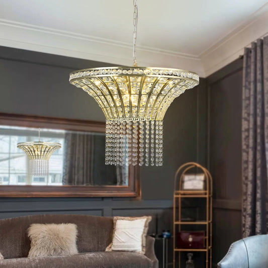 24' Modern Crystal Round Chandelier with Gold Finish, Elegant Pendant Light with Cascading Beads, for Dining Room, Living Room, or Foyer (No Bulbs) – view 1