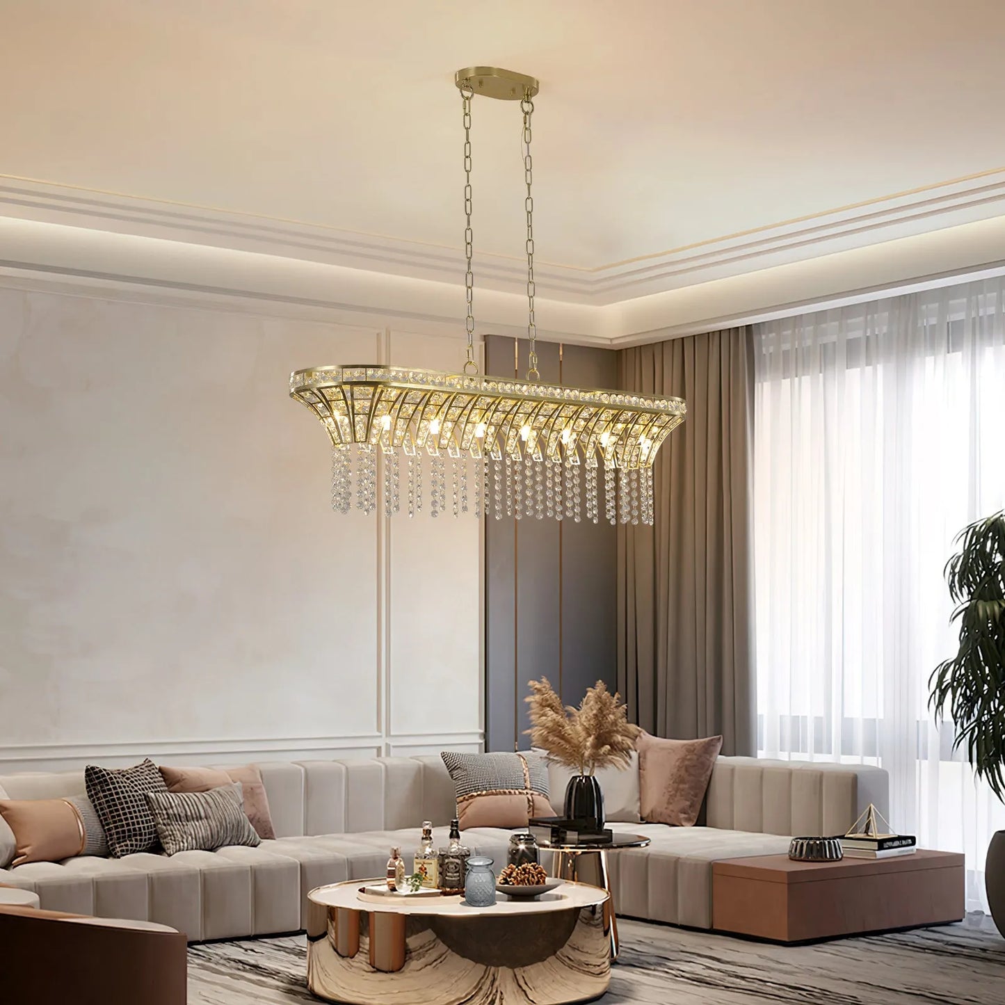 39' Modern Crystal Linear Rectangle Chandelier with Gold Finish, Elegant Pendant Light with Cascading Beads, for Dining Room, Living Room, or Foyer – view 1