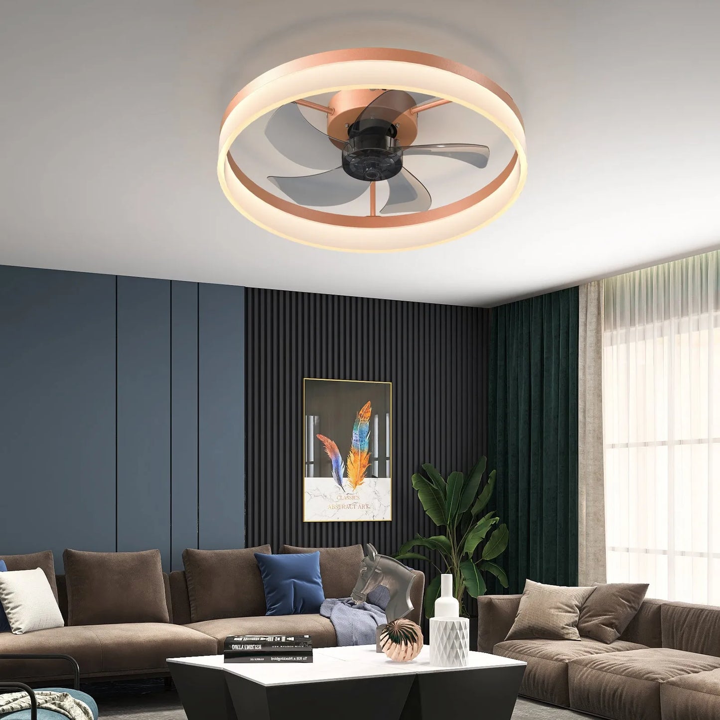 Ceiling Fans with Lights Dimmable LED Embedded installation of thin modern ceiling fans(Rose Gold) – view 1