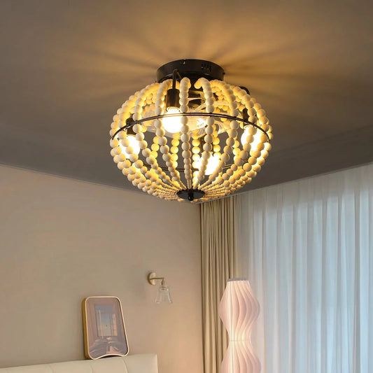 18' Bohemian Wood Beaded Ceiling Fan with Light, Flush Mount Caged Ceiling Fan, Rustic Farmhouse Low Profile Fan Light Fixture for Indoor Home Decor – view 1