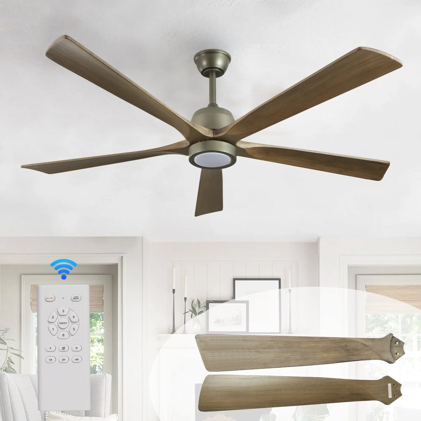60' Modern Wood Ceiling Fan with Light and Remote Control,6-Speed Noiseless Reversible DC Motor, Ceiling Fan for Kitchen Dinning Living Room – view 1