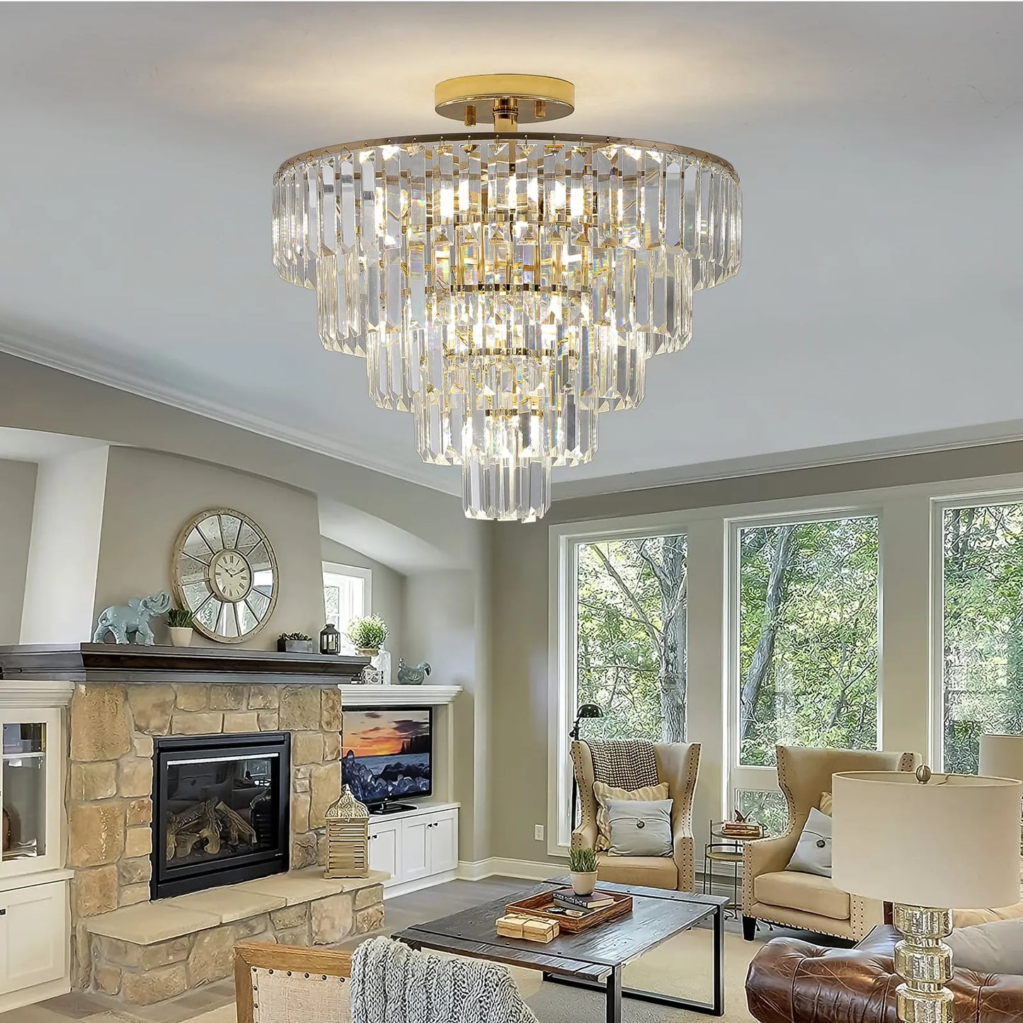Gold Crystal Chandeliers,5-Tier Round Semi Flush Mount Chandelier Light Fixture,Large Contemporary Luxury Ceiling Lighting for Living Room Dining – view 1