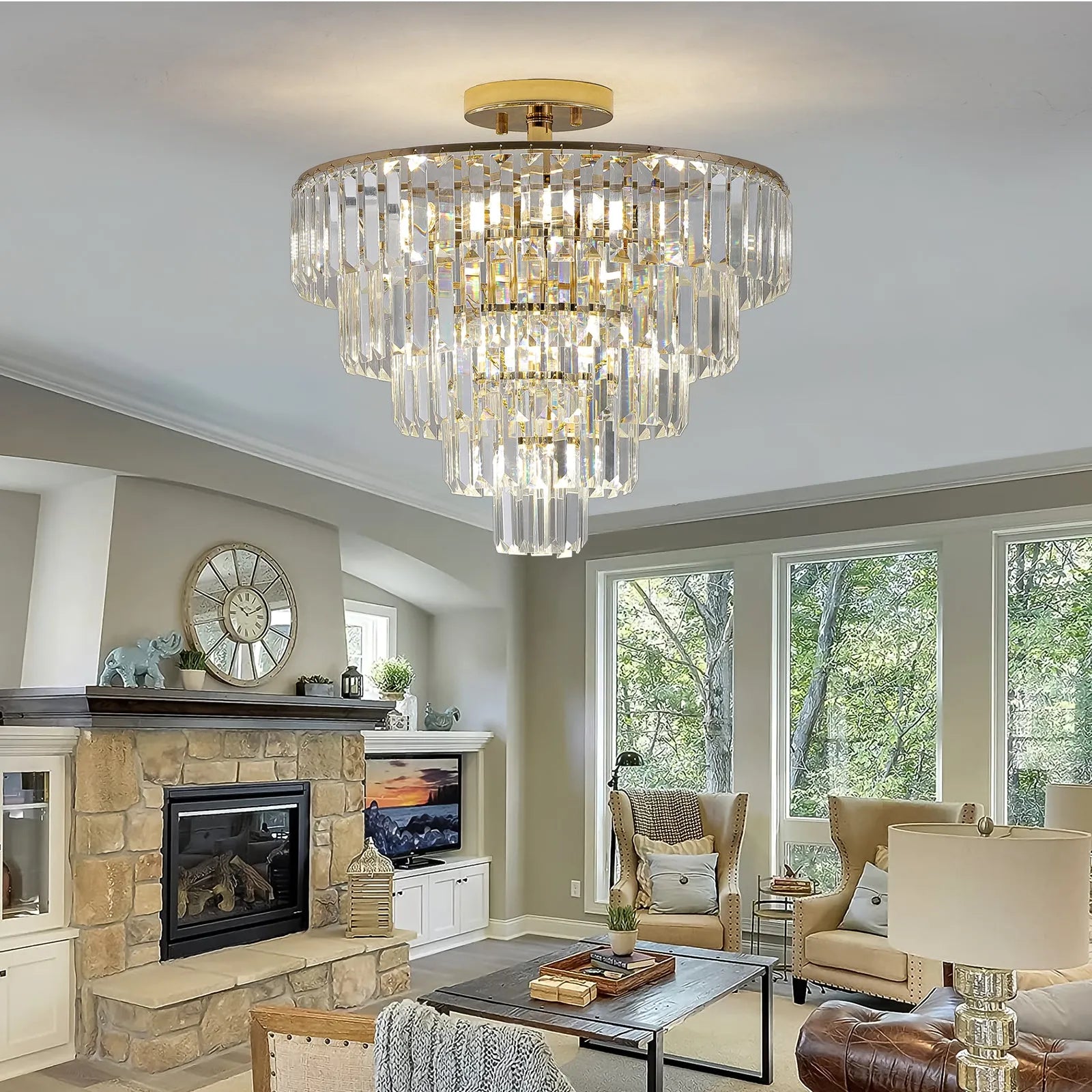 Gold Crystal Chandeliers,5-Tier Round Semi Flush Mount Chandelier Light Fixture,Large Contemporary Luxury Ceiling Lighting for Living Room Dining – view 1
