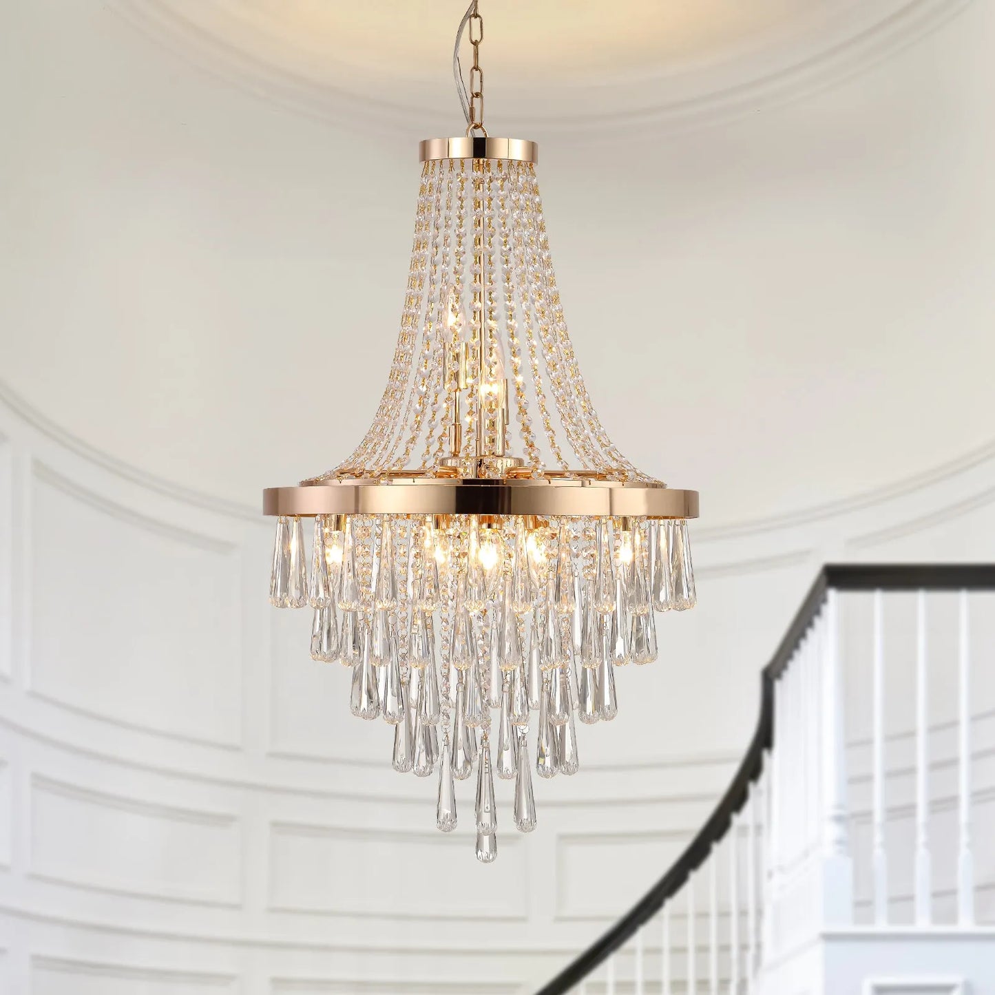 20' Modern Crystal Pendant Chandelier with Golden Finish – Elegant 11-Light Hanging Light Fixture Tiered Design for Dining Room, Living Room, or – view 1