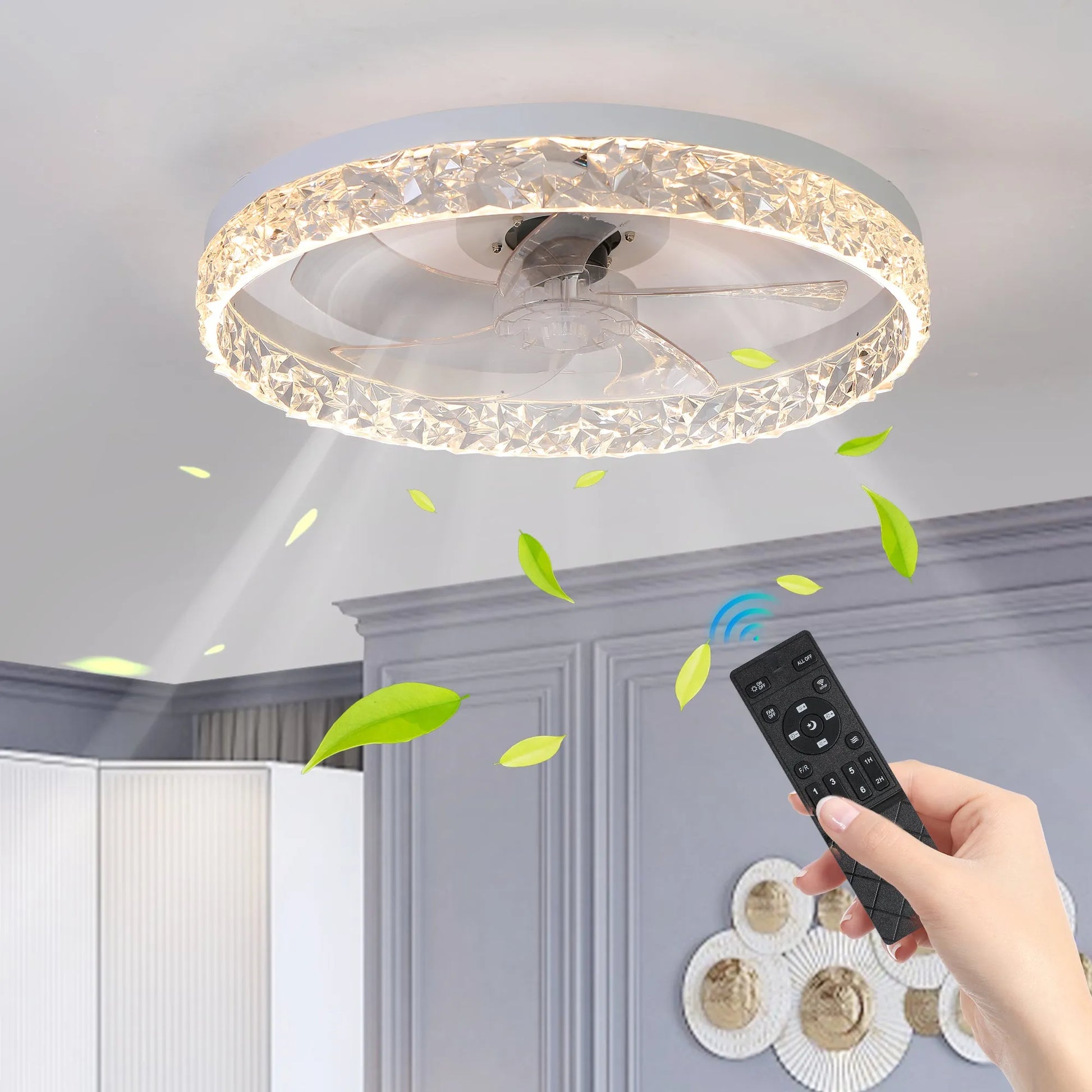 Modern Acrylic Ceiling Fan Light with Remote Control, Dimmable LED Chandelier, 6-Speed Adjustable, Quiet Motor, Flush Mount Design for Living Room – view 1