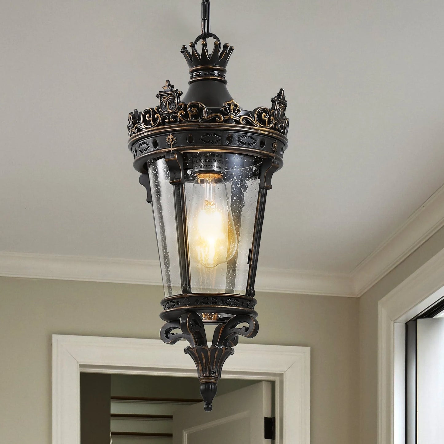 18'(H) Antique Crown Outdoor Hanging Lantern, Waterproof Vintage Pendant Light with Ornate Metal Design and Clear Glass for Patio, Garden, Porch – view 1