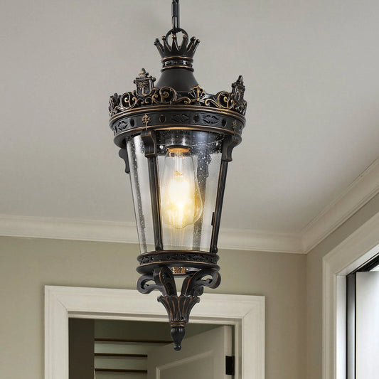 18'(H) Antique Crown Outdoor Hanging Lantern, Waterproof Vintage Pendant Light with Ornate Metal Design and Clear Glass for Patio, Garden, Porch – view 1