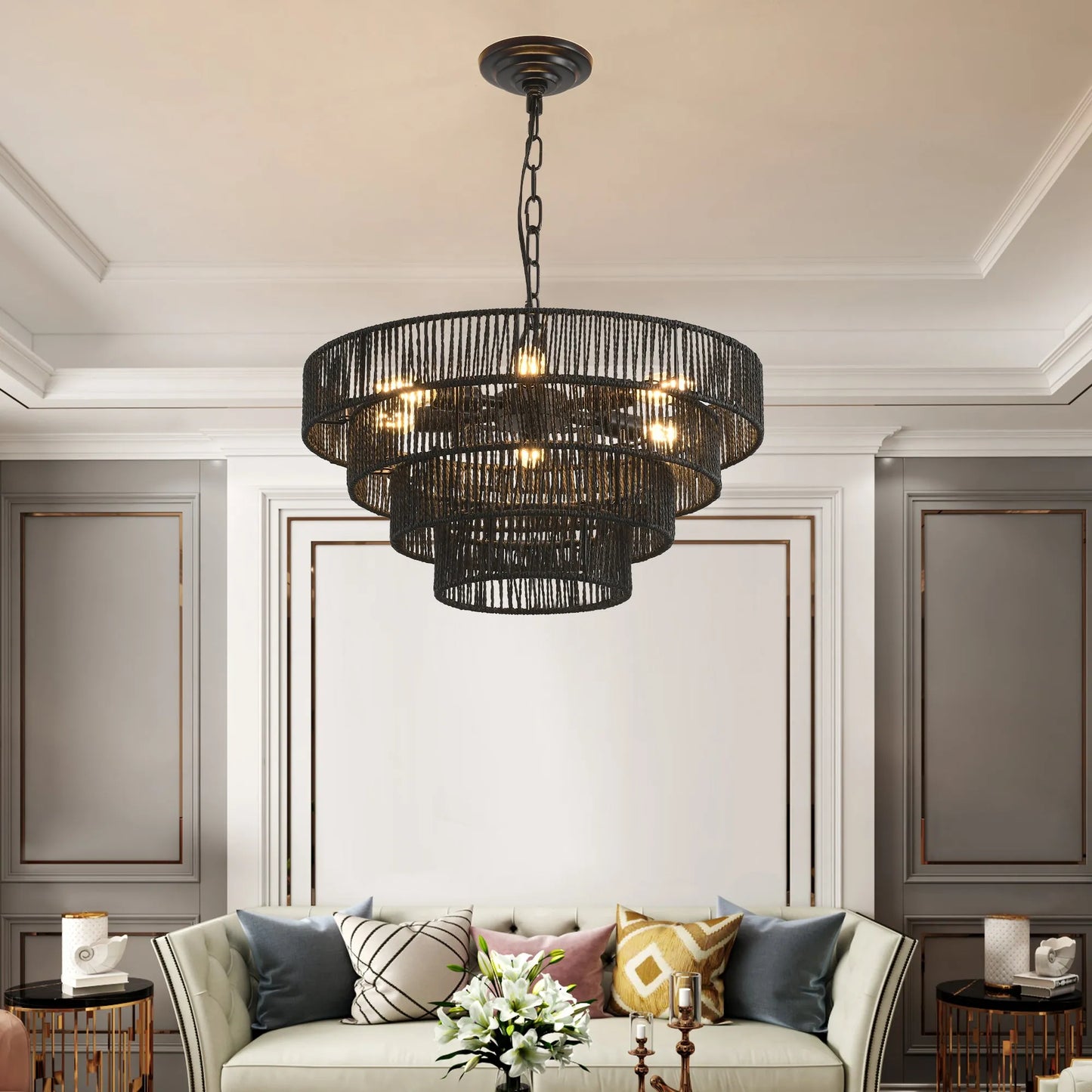 20' Rustic 4-Tier Black Hemp Rope Pendant Light Chandelier with 6 E12 Sockets, Handmade Tiered Boho Ceiling Light Fixture for Dining Room, Kitchen – view 1