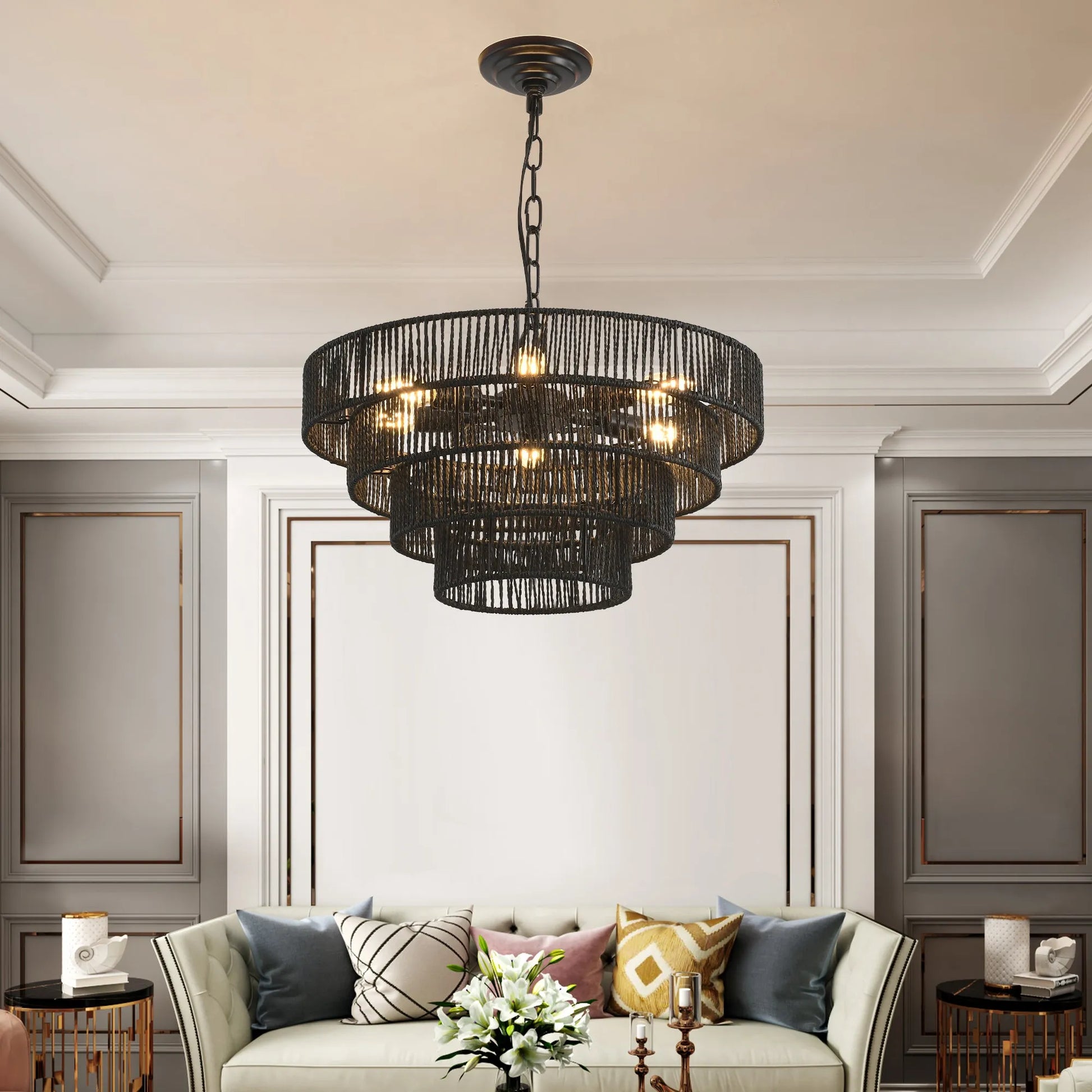 20' Rustic 4-Tier Black Hemp Rope Pendant Light Chandelier with 6 E12 Sockets, Handmade Tiered Boho Ceiling Light Fixture for Dining Room, Kitchen – view 1