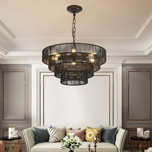 20' Rustic 4-Tier Black Hemp Rope Pendant Light Chandelier with 6 E12 Sockets, Handmade Tiered Boho Ceiling Light Fixture for Dining Room, Kitchen – view 1