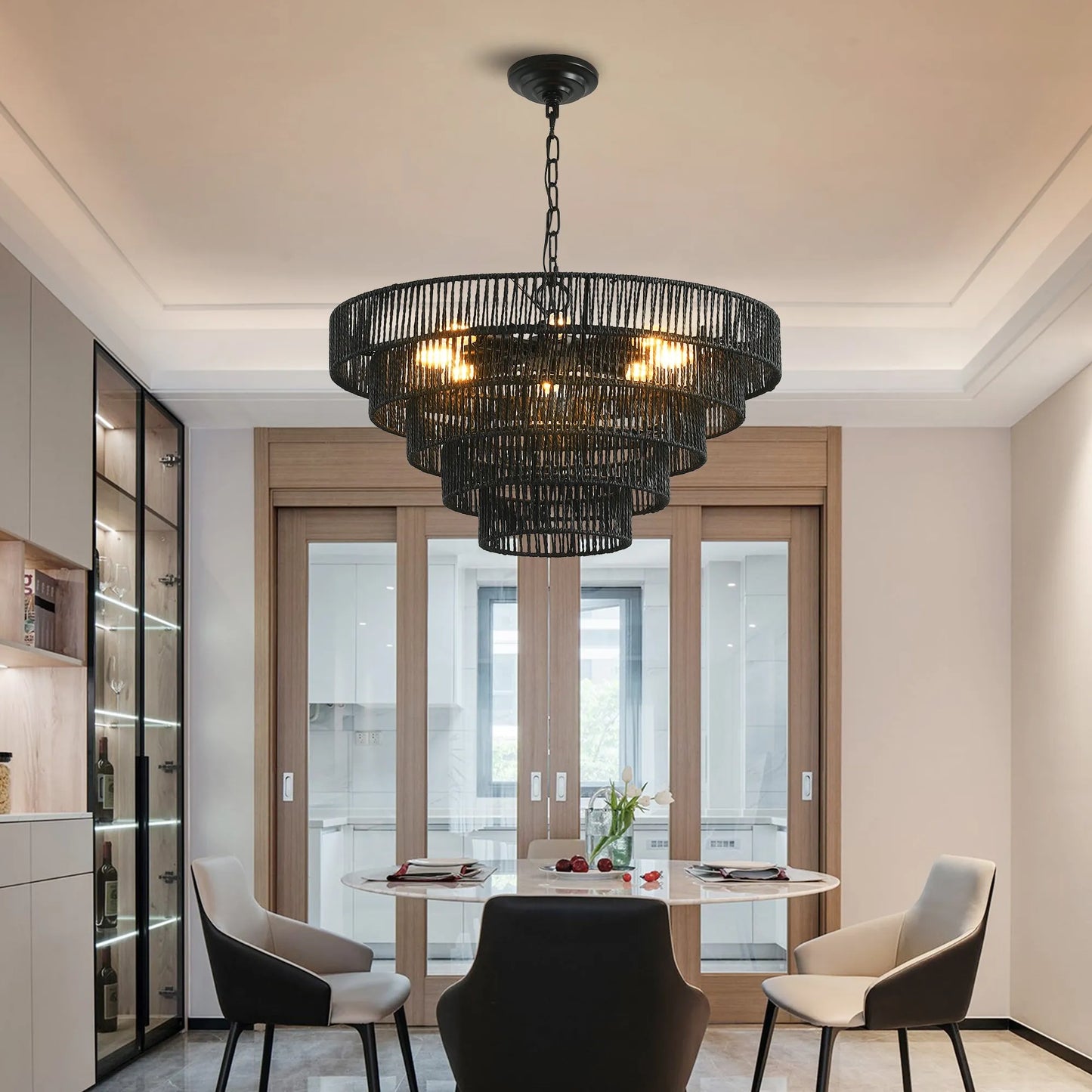 24' Rustic 5-Tier Black Hemp Rope Pendant Light Chandelier with 8 E12 Sockets, Boho Farmhouse Ceiling Fixture for Dining Room, Kitchen, or Entryway – view 1