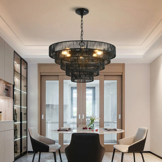 24' Rustic 5-Tier Black Hemp Rope Pendant Light Chandelier with 8 E12 Sockets, Boho Farmhouse Ceiling Fixture for Dining Room, Kitchen, or Entryway – view 1