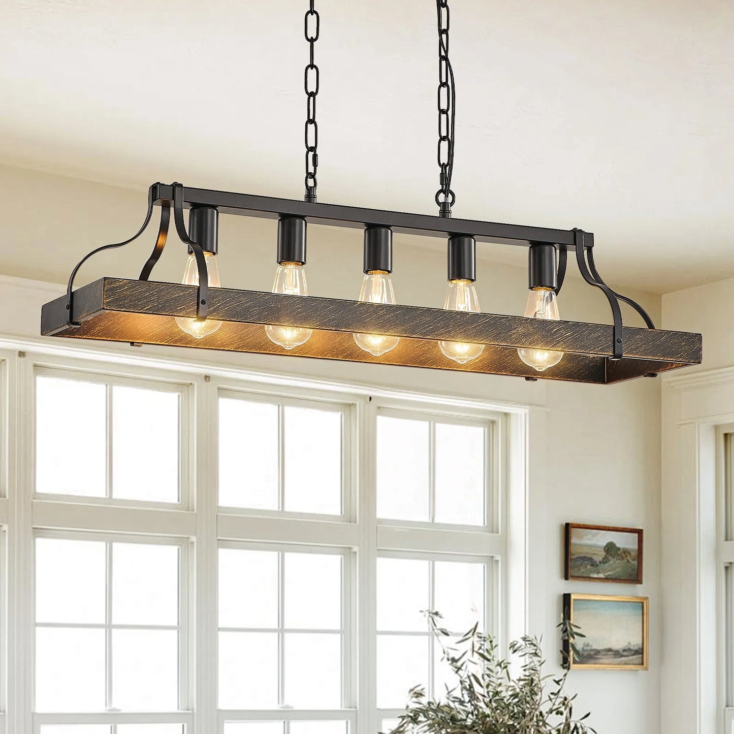 34-Inch Black Gold Vintage Pendant Light, 5 E26 Bulb Sockets, Adjustable Chain Height – Antique Style Chandelier for Dining Room, Kitchen, or Living – view 1