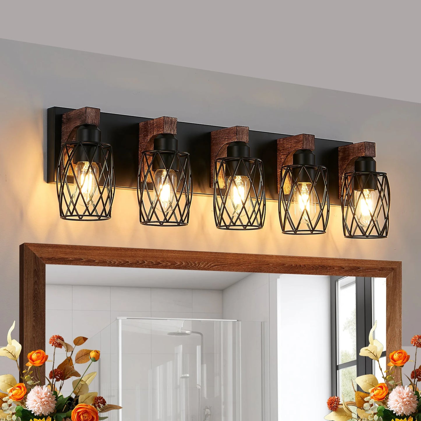 31' Industrial Vintage 5-Light Wall Sconce - Black Cage Wall Lighting Fixture with Wooden Accents for Bathroom, Hallway, or Living Room (Bulb Not – view 1