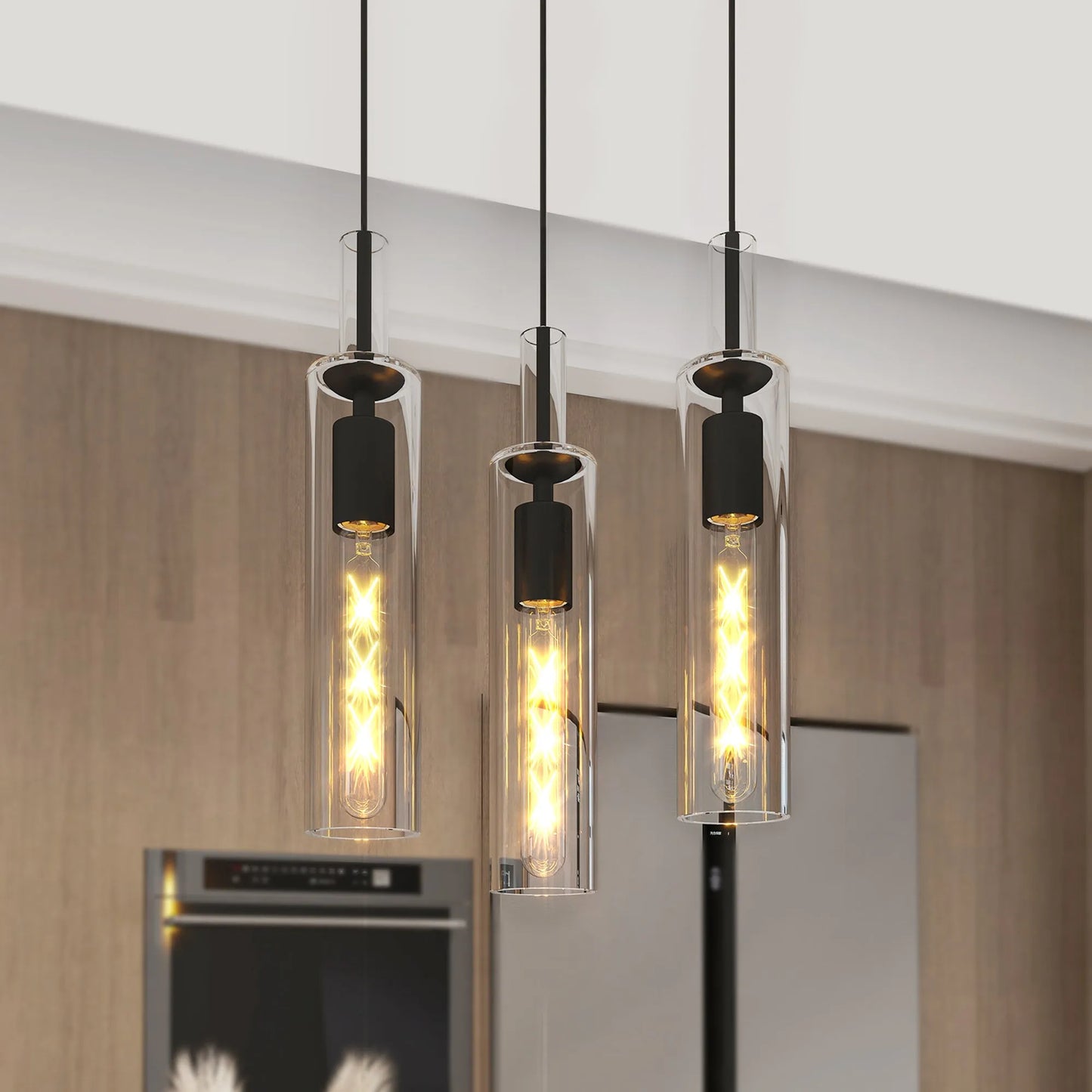 3 Pack Black Pendant Lights Kitchen Island (No Bulbs), Adjustable Modern Glass Pendant Light Over Island, Industrial Pendant Light Fixtures for – view 1