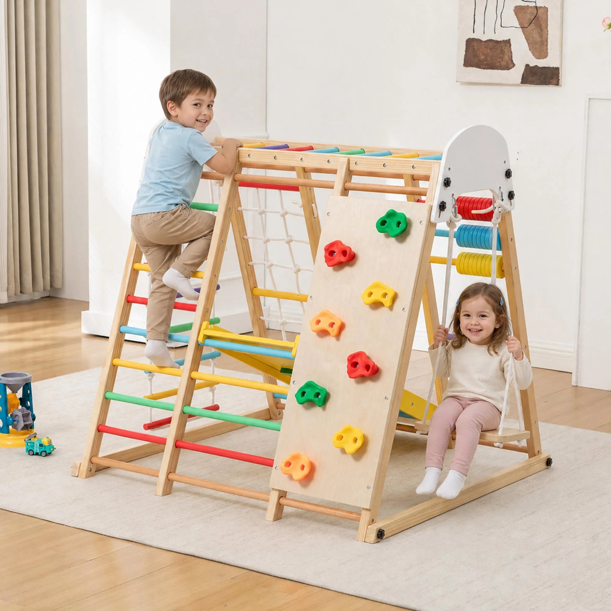 9-in-1 Foldable Kids Climbing Frame & Slide, Wooden Toddler Playground with Swing, Monkey Bars, Climbing Rock, Abacus Game – Indoor Outdoor Playset – view 1