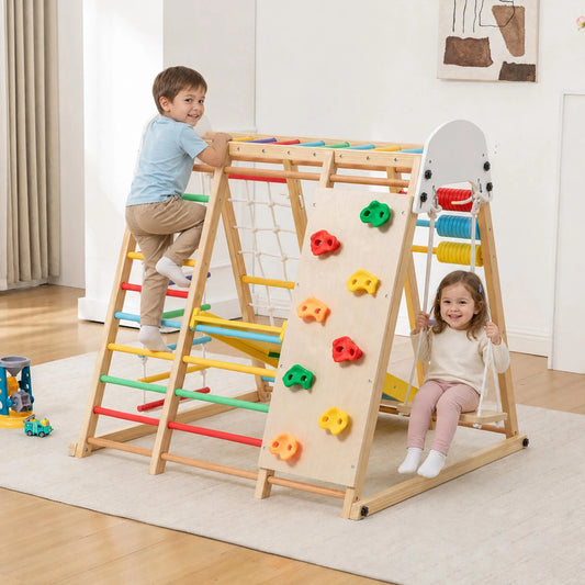 9-in-1 Foldable Kids Climbing Frame & Slide, Wooden Toddler Playground with Swing, Monkey Bars, Climbing Rock, Abacus Game – Indoor Outdoor Playset – view 1