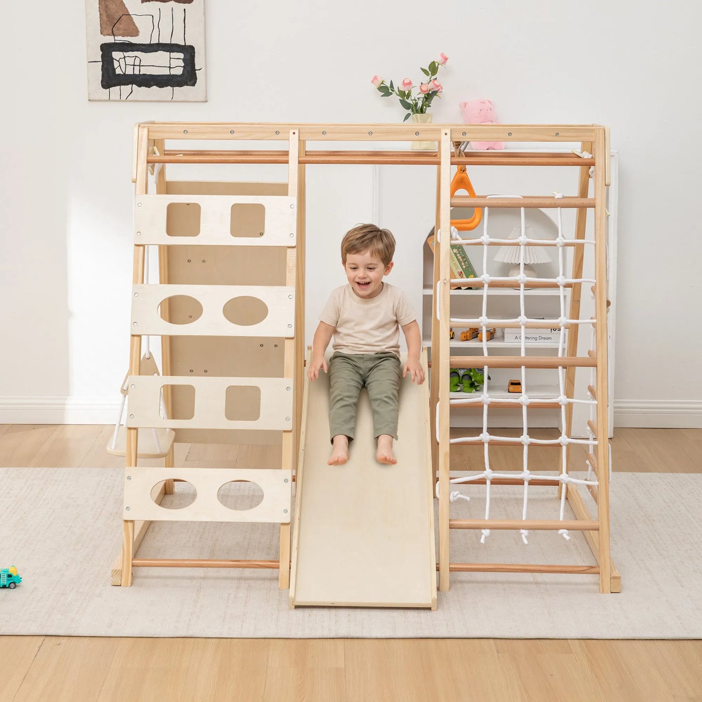 9-in-1 Slide and Climbing Wall for Toddlers 3+, Wooden Indoor Play Structure, Heavy Duty 176 lbs Capacity, Safe Rounded Edge Natural Wood, Balance & – view 1