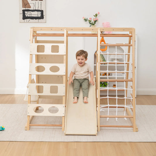 9-in-1 Slide and Climbing Wall for Toddlers 3+, Wooden Indoor Play Structure, Heavy Duty 176 lbs Capacity, Safe Rounded Edge Natural Wood, Balance & – view 1