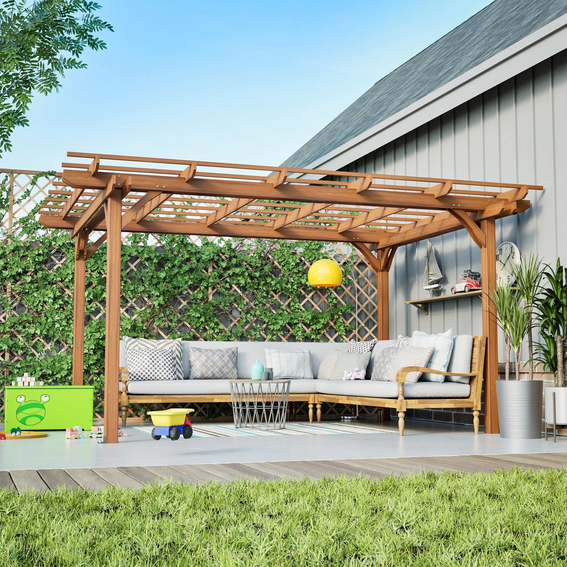 12 x 10 FT Outdoor Wood Pergola, Wooden Grape Pergola for Climbing Plant Support for Garden, Patio, Backyard, Deck, Brown – view 1