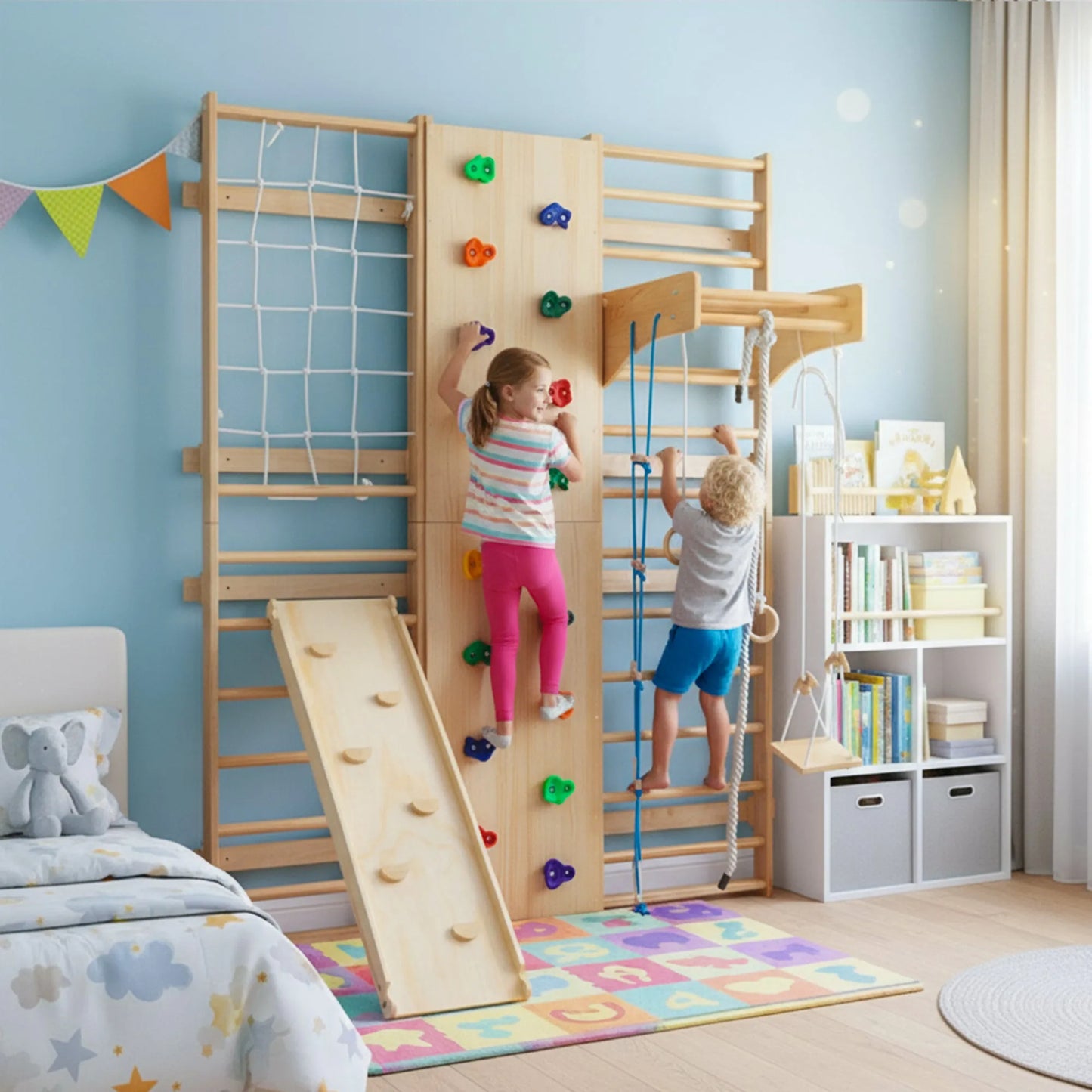 All-in-One 10-in-1 Indoor Climbing Set - Featuring a Rock Climbing Wall, Wooden Swings, Gymnastic Rings, Rope Ladders, and Stretching Equipment for a – view 1