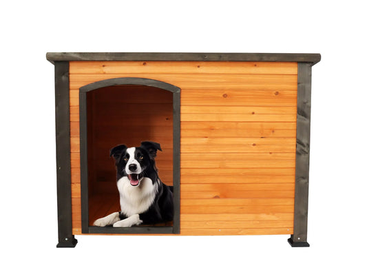 45'Dog House Outdoor and indoor wooden kennel, winter strap with elevated feet, large dog weatherproof (gold red and black) – view 1