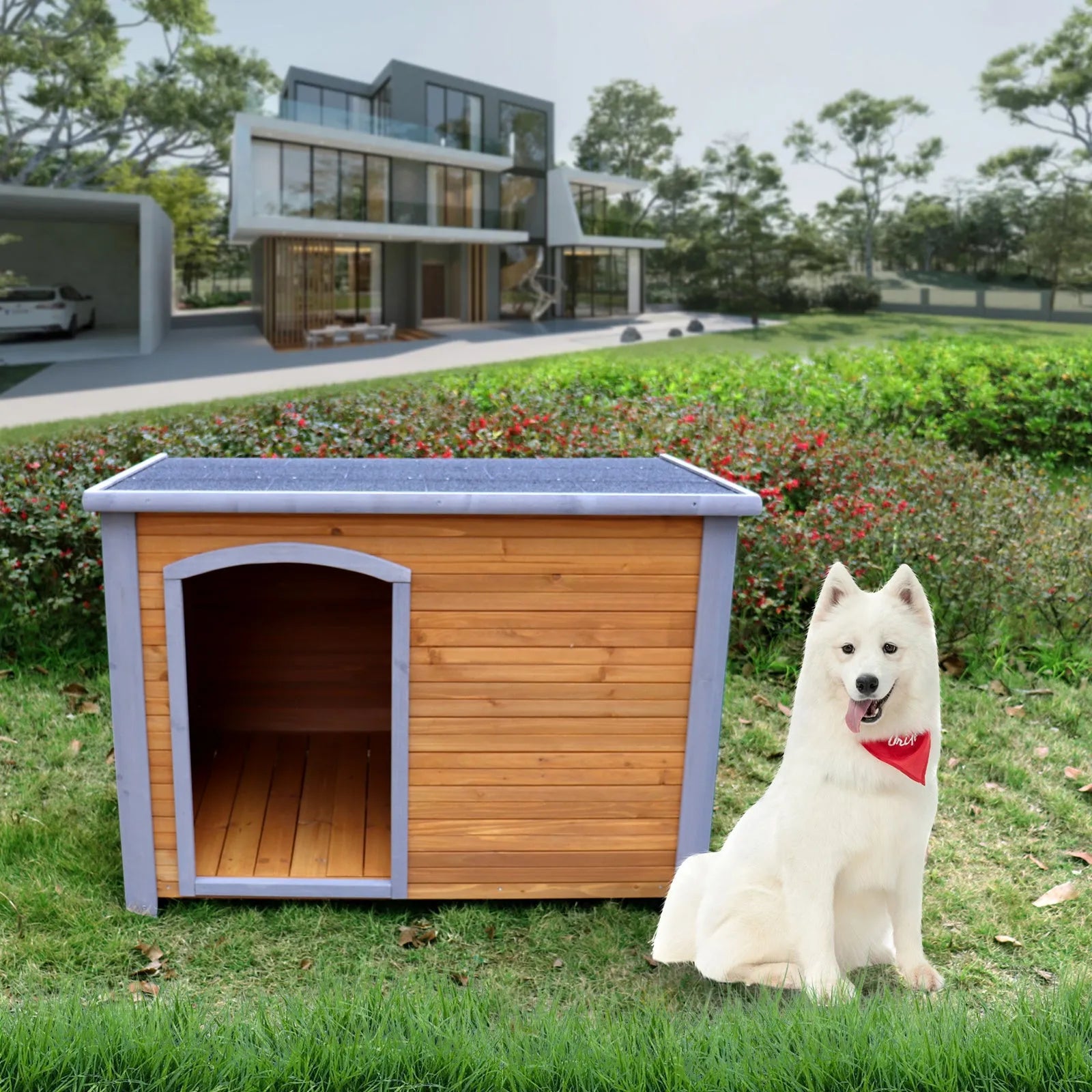 Dog House Outdoor & Indoor Wooden Dog Kennel for Winter with Raised Feet Weatherproof for Large Dogs – view 1