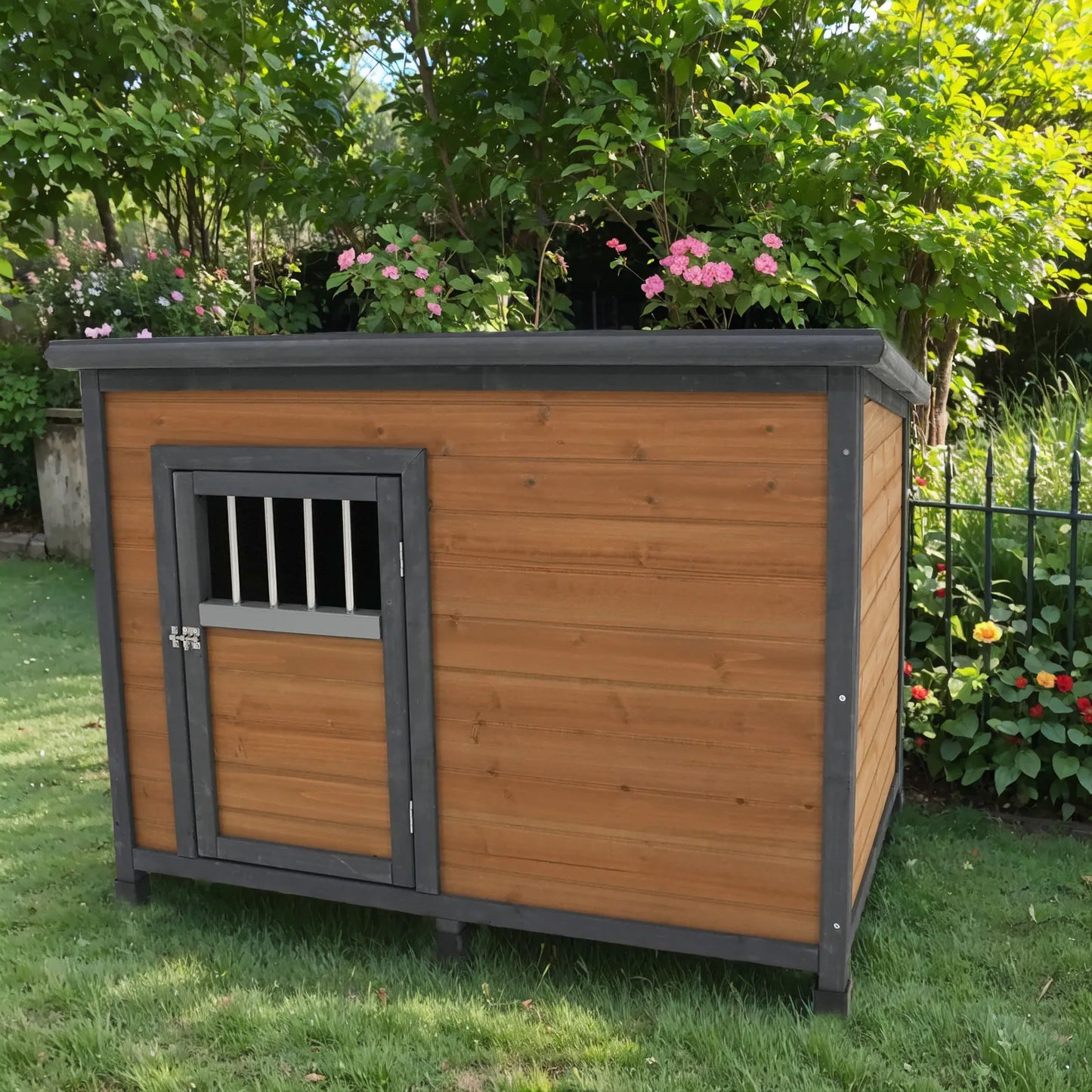 45'large solid wood dog house, waterproof PVC plastic roof, breathable wooden doors – view 1