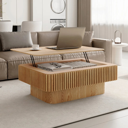 38.6'' Fluted Lift-top Coffee Table Solid Wood Veneered Modern Coffee Table Accent Tea Table with Storage and Adjustable Height for Living Room – view 1