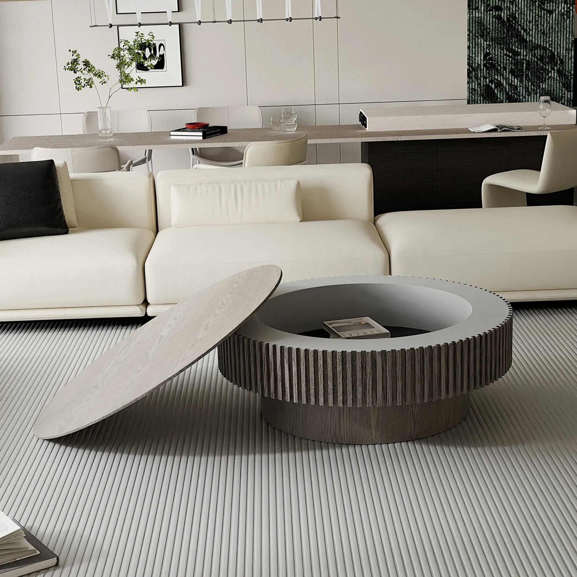 39.37'' Round Coffee Table with Storage Solid Wood Veneered Modern Coffee Table Accent Tea Table for Living Room, Bedroom, Apartment or Office, Grey – view 1