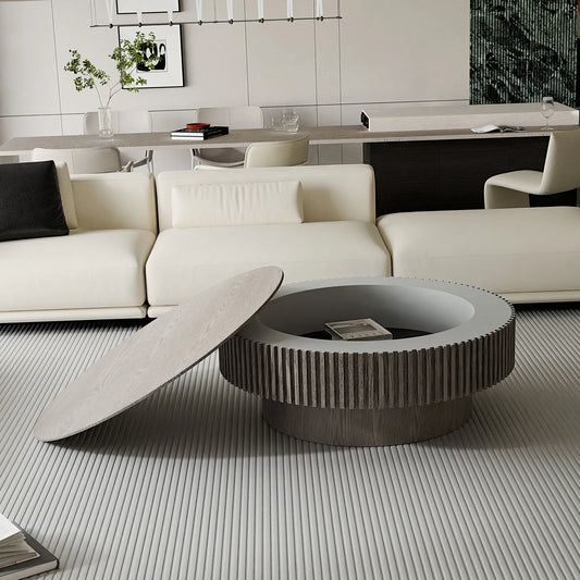 39.37'' Round Coffee Table with Storage Solid Wood Veneered Modern Coffee Table Accent Tea Table for Living Room, Bedroom, Apartment or Office, Grey – view 1