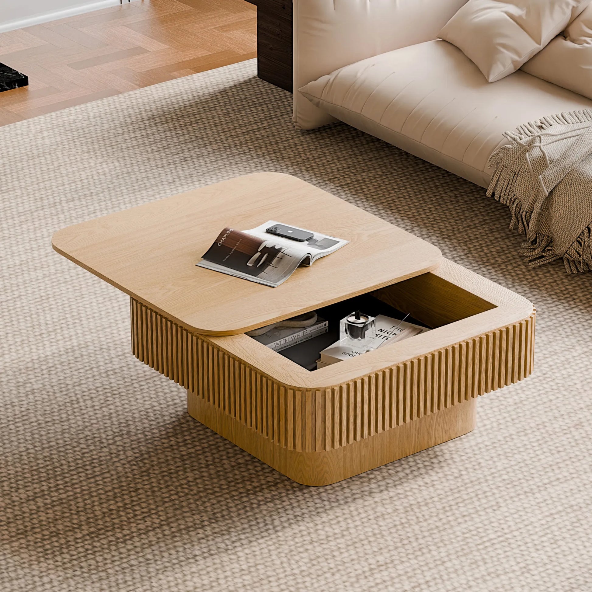 31.5'' Square Coffee Table with Storage Solid Wood Veneered Modern Coffee Table Accent Tea Table for Living Room, Bedroom, Apartment or Office – view 1