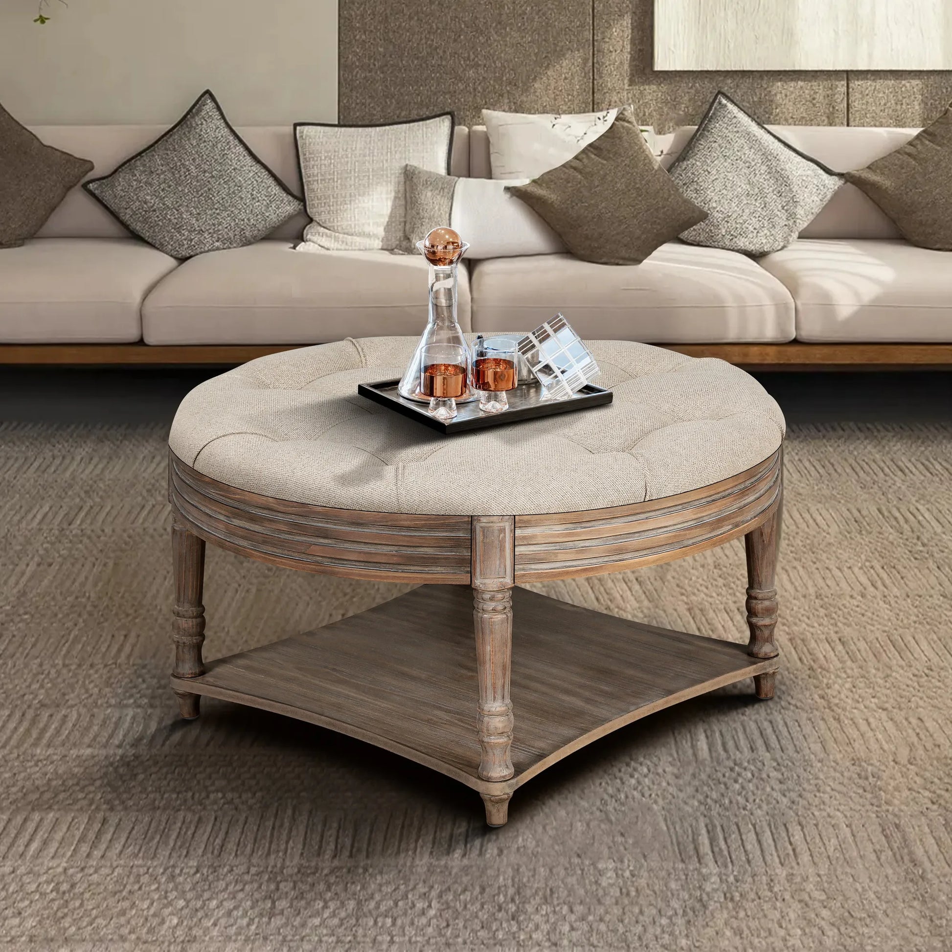 Large Round Waterproof Ottoman Coffee Table 2 Tier Oversized Button Tufted Ottoman with Wooden Shelf Storage Farmhouse Upholstered Coffee Table – view 1