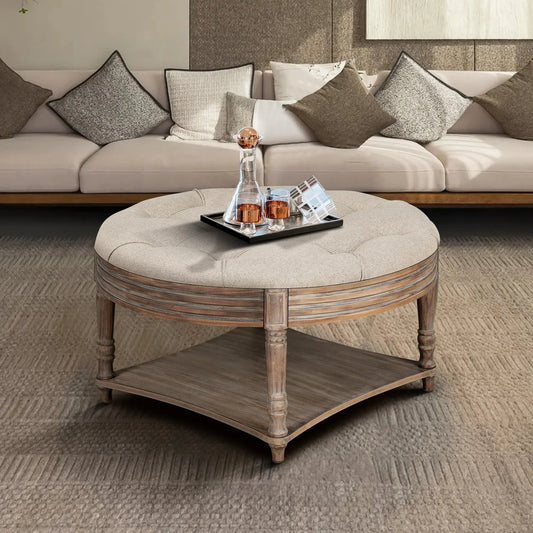 Large Round Waterproof Ottoman Coffee Table 2 Tier Oversized Button Tufted Ottoman with Wooden Shelf Storage Farmhouse Upholstered Coffee Table – view 1