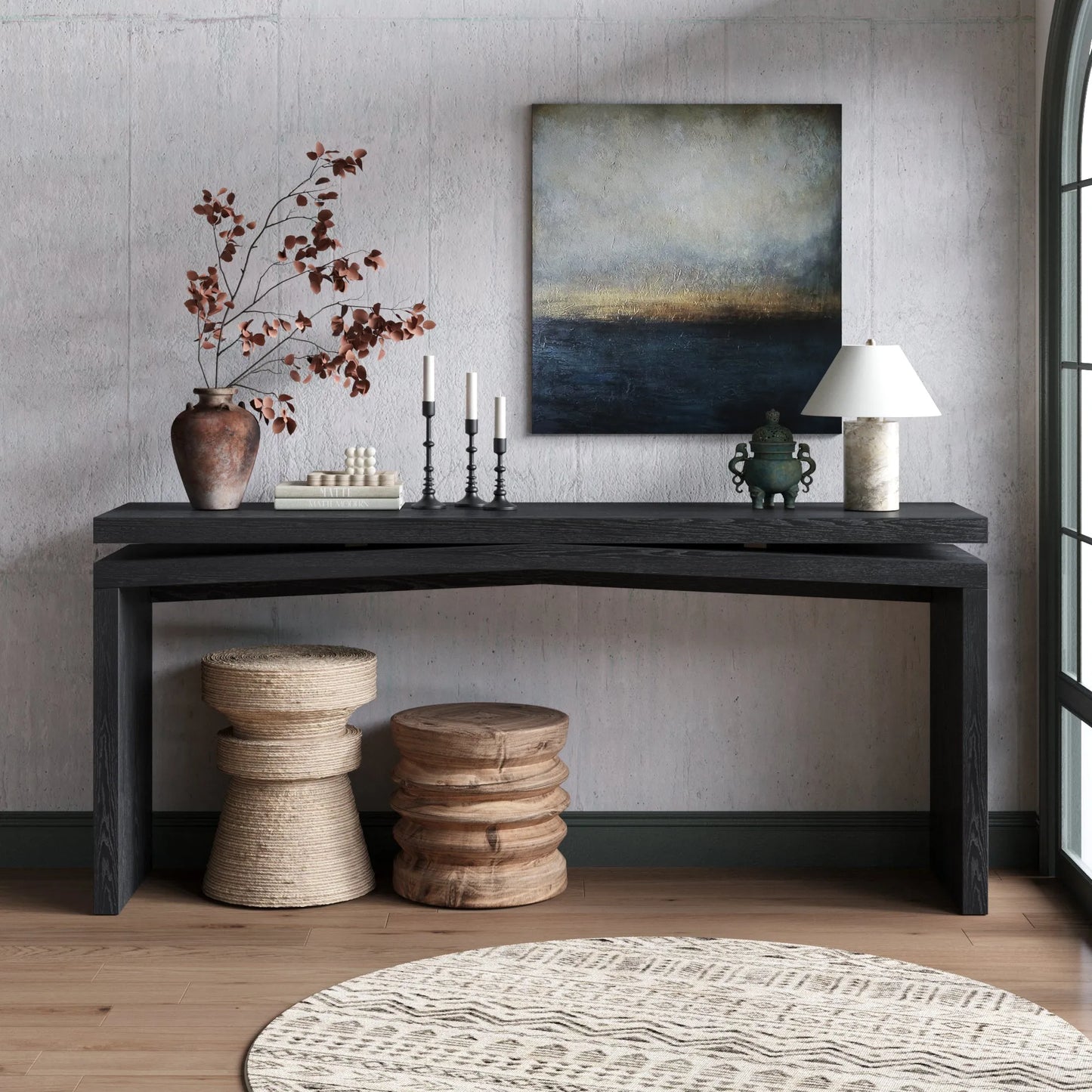 65-Inch Rustic Solid Wood Veneer Console Table, Long Farmhouse Entryway Sofa Table for Living Room, Hallway, Behind Couch, Apartment, Black – view 1