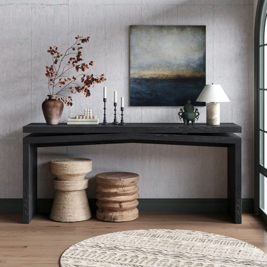 65-Inch Rustic Solid Wood Veneer Console Table, Long Farmhouse Entryway Sofa Table for Living Room, Hallway, Behind Couch, Apartment, Black – view 1