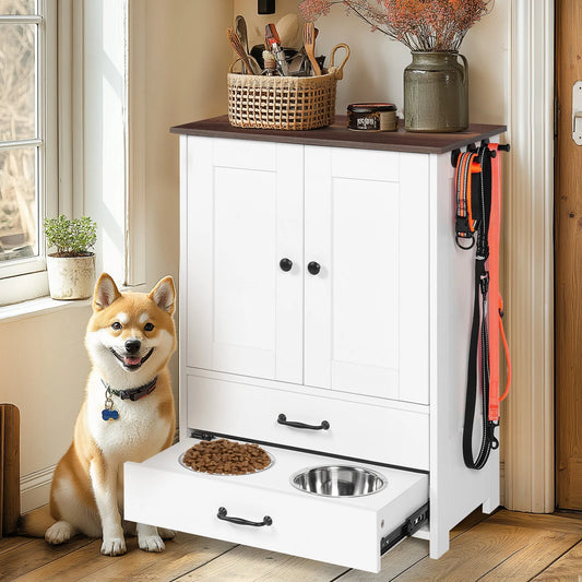 Dog feeding station, double door locker with 2 adjustable dog bowls, 3 hooks on right side, white – view 1