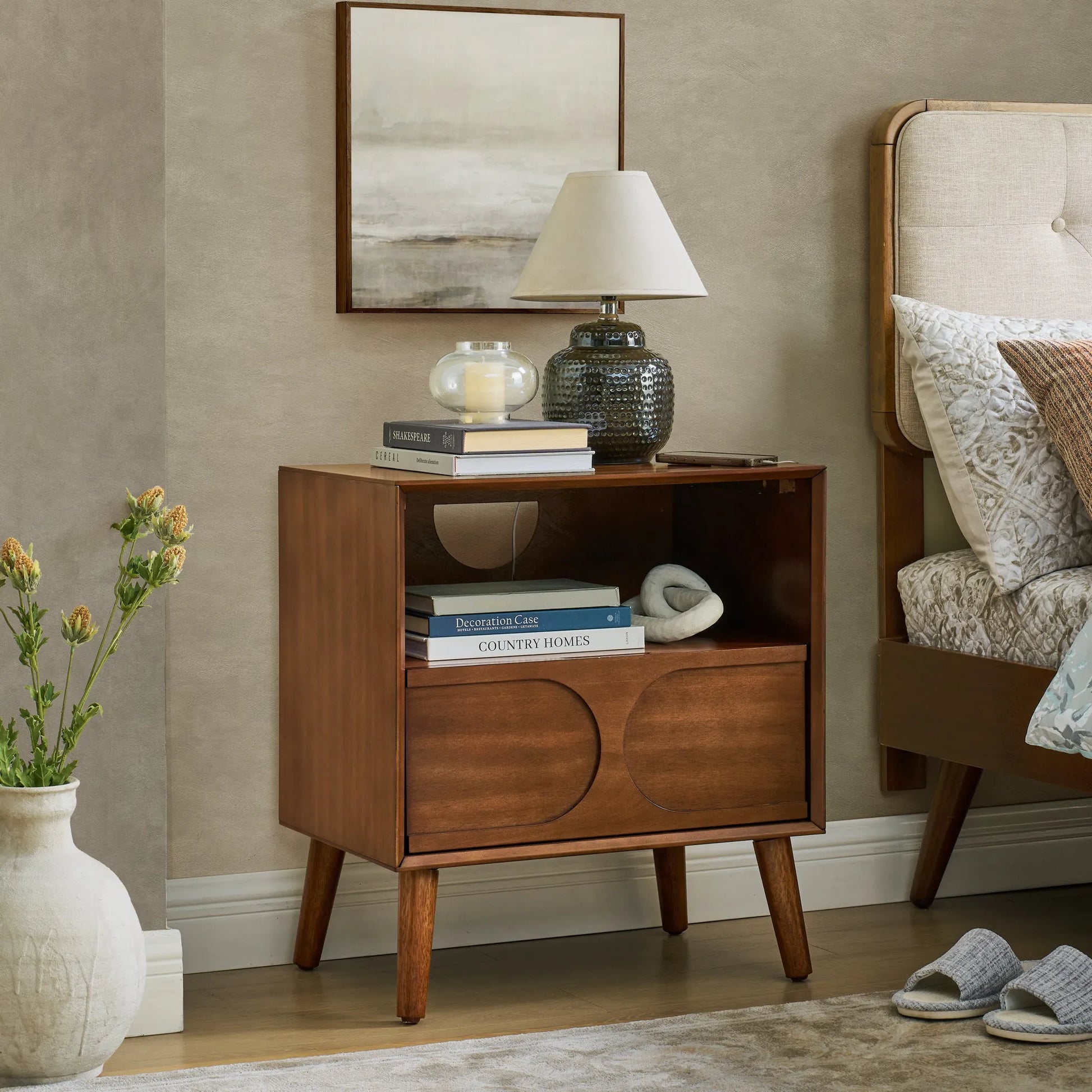 Mid Century Modern Fluted Nightstand with Charging Station USB Ports & Outlet Hole & 4 Solid Wood Legs, Farmhouse End Table with Open Space and – view 1