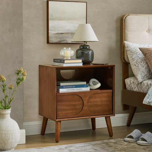 Mid Century Modern Fluted Nightstand with Charging Station USB Ports & Outlet Hole & 4 Solid Wood Legs, Farmhouse End Table with Open Space and – view 1