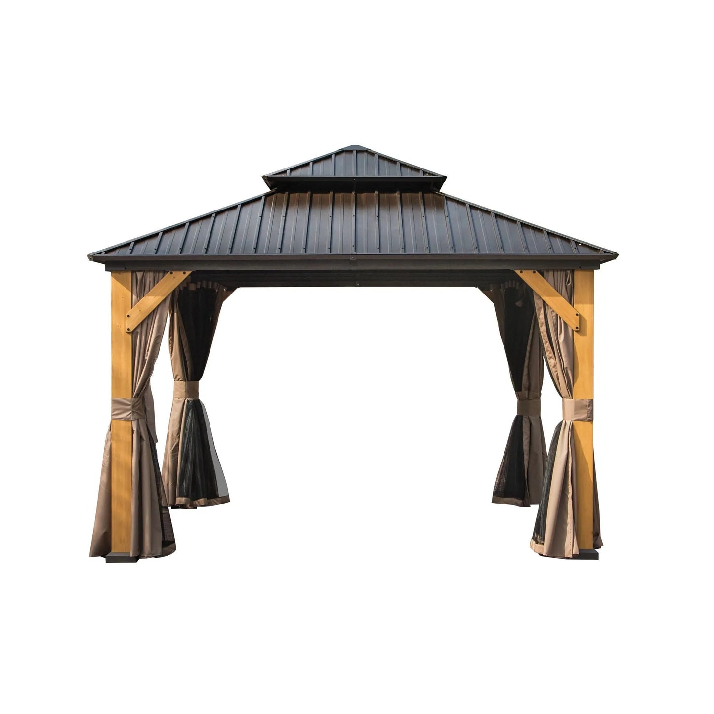 12'x12' Hardtop Gazebo, Outdoor Cedar Wood Frame Canopy with Galvanized Steel Double Roof, Outdoor Permanent Metal Pavilion with Curtains and Netting – view 1