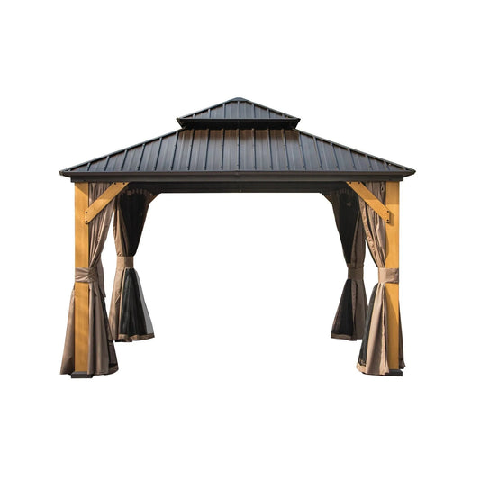 12'x12' Hardtop Gazebo, Outdoor Cedar Wood Frame Canopy with Galvanized Steel Double Roof, Outdoor Permanent Metal Pavilion with Curtains and Netting – view 1